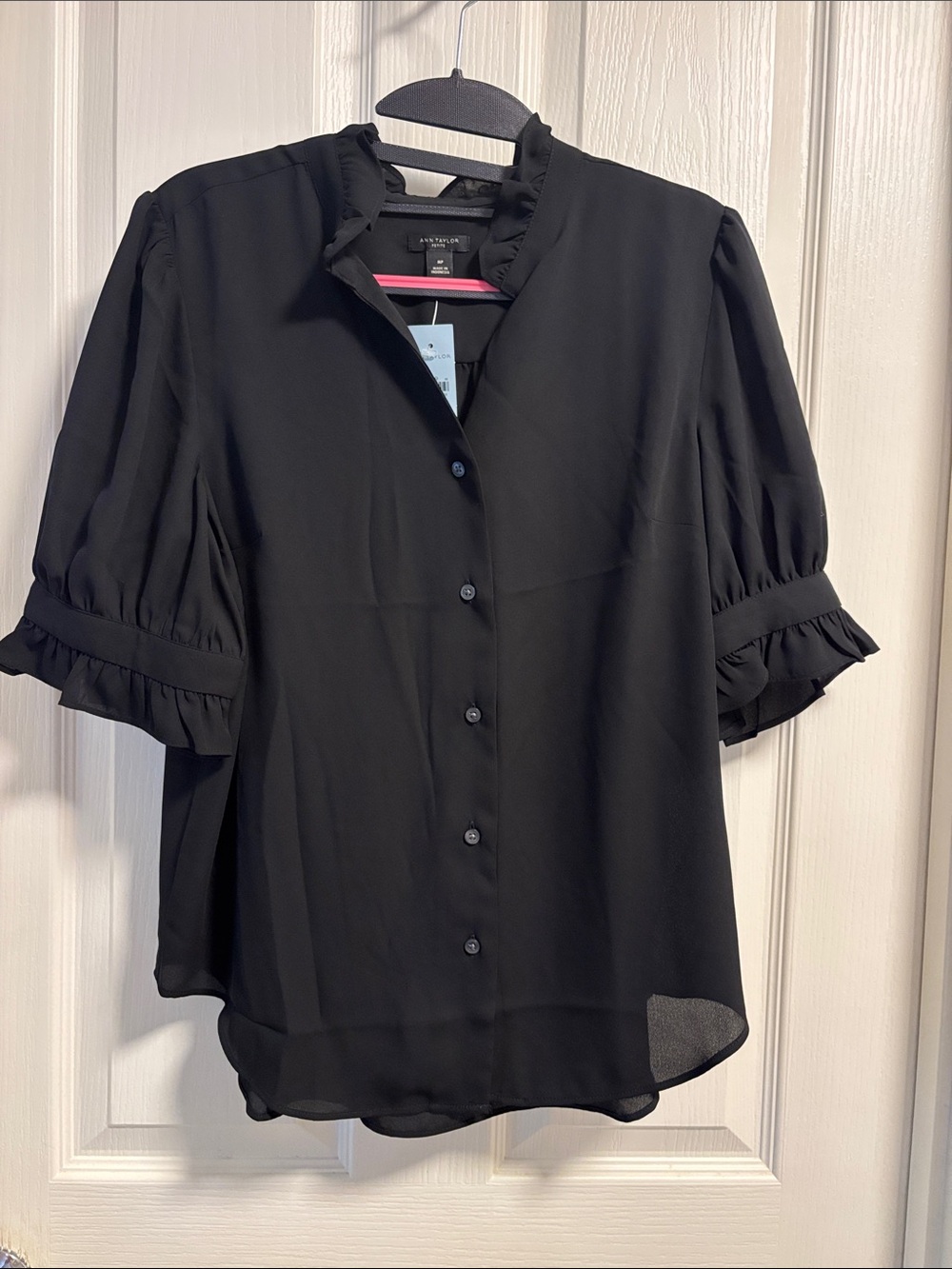 Ann Taylor Black Ruffle-Trim Puff Sleeve Button Blouse